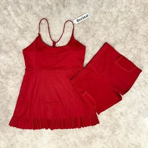 Women's Chic Red Athletic Tennis Dress Built in Bra and Separate Matching Shorts